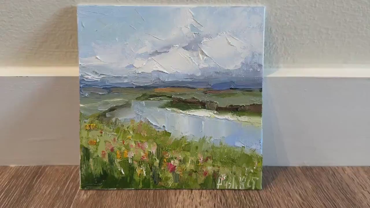 River impressionist mini oil painting on canvas wildflower wall art original moody landscape  artwork thunderstorm clouds impasto home decor