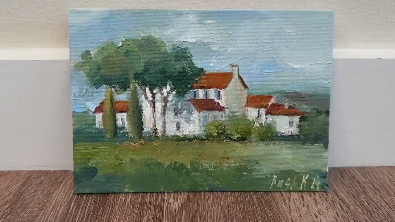 Florence oil painting on canvas Italian landscape with cypress trees framed original artwork small Tuscany house Italy wall art gift idea
